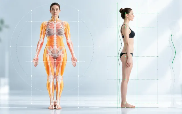 Illustrazione del corpo umano di fronte e di profilo con riferimenti anatomici e linee di misurazione