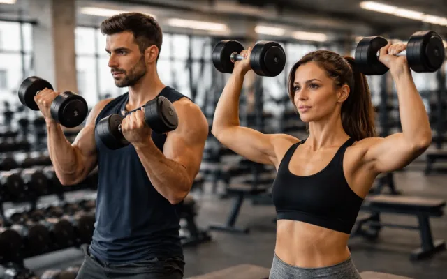 Due persone si allenano con i manubri in palestra